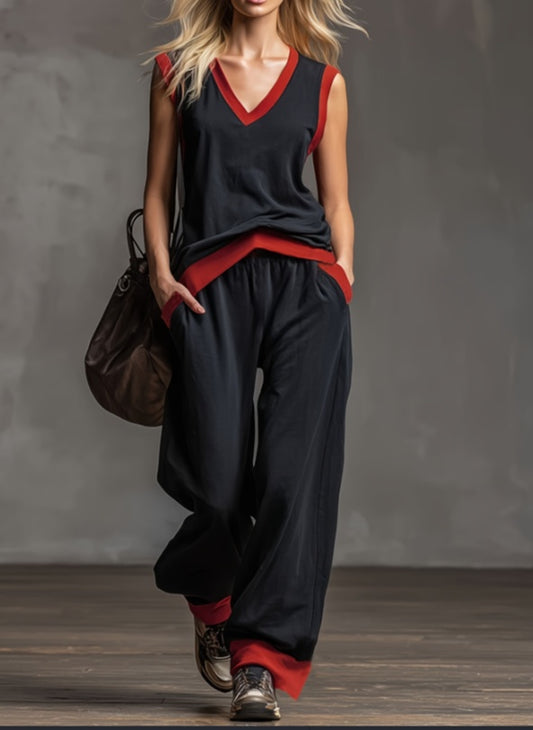 V-neck Sleeveless Wide Leg Set