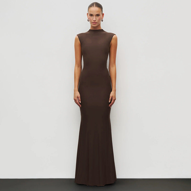 Solid Colored Casual Elegant Stand Neck Sleeveless Bodycon Mermaid Long Dress