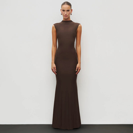 Solid Colored Casual Elegant Stand Neck Sleeveless Bodycon Mermaid Long Dress