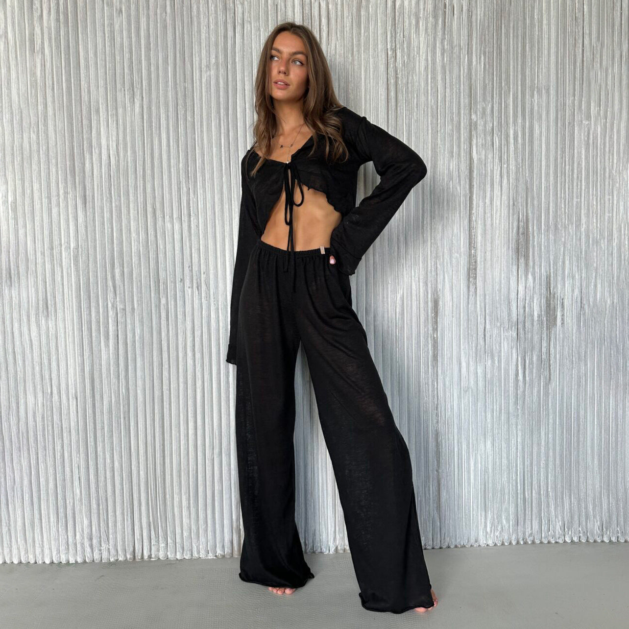 Womens Lace-Up Long-Sleeve Top And Pants Pajama Set
