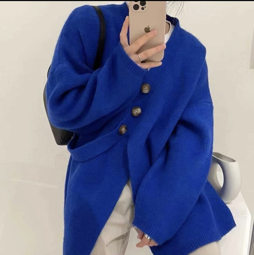 V-neck Diagonal Buckle Loose Knit Sweater Jacket