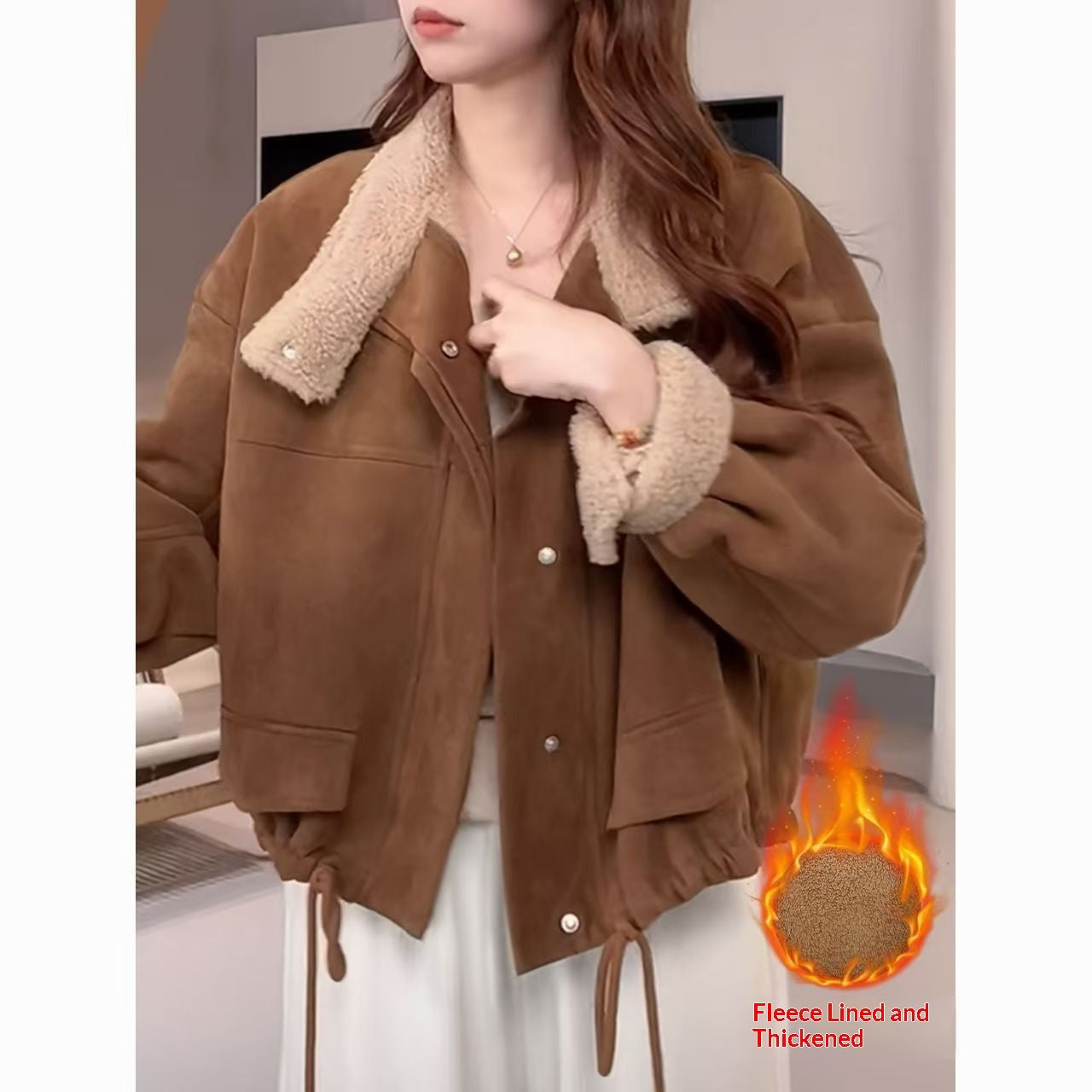 Womens Lambswool Coat Short Padded Suede Like Brown Cotton Padded Jacket