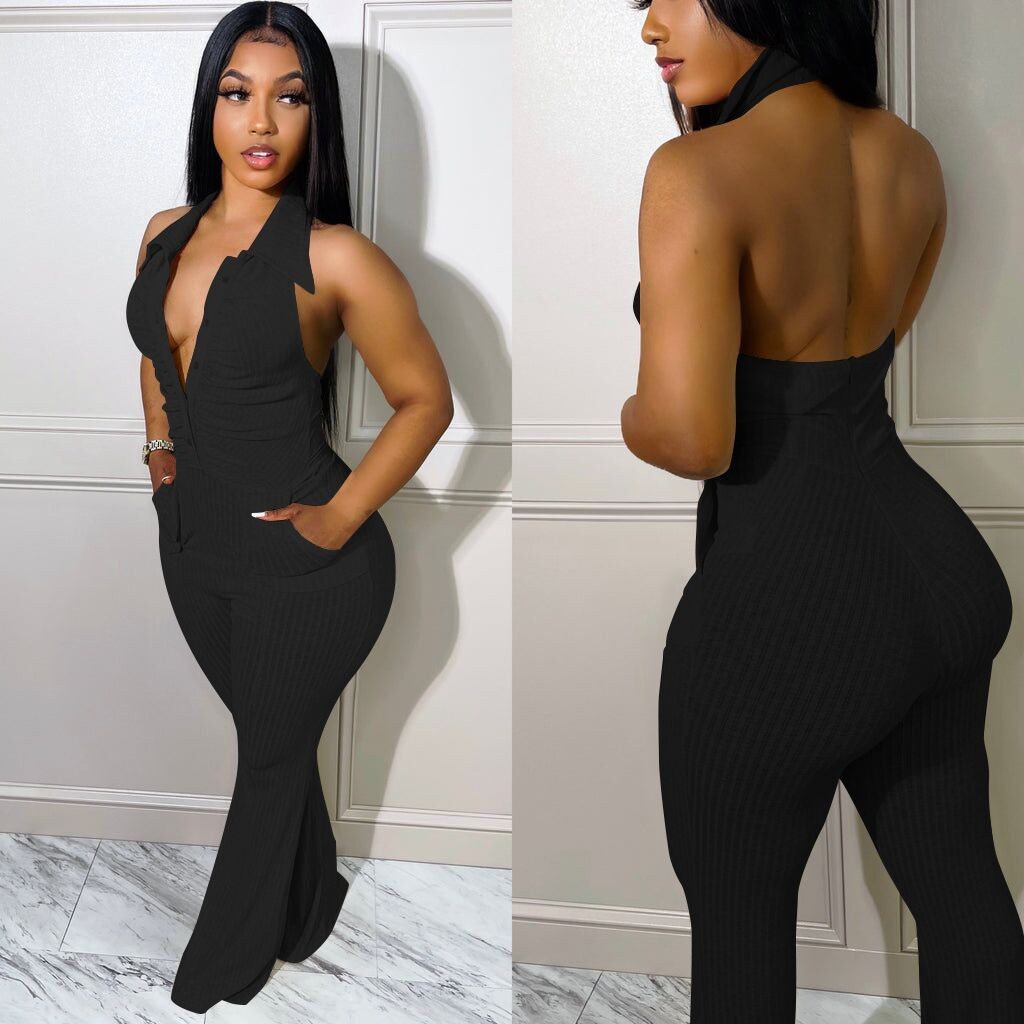 Women's Solid Color Halter Neck Lapel Jumpsuit
