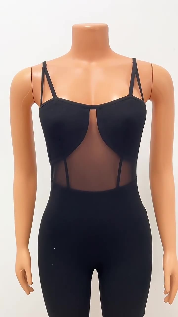 Women's Skinny Mesh Panel Suspender Jumpsuit