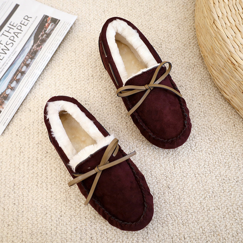 Soft-soled Lambs Wool Shoes Women's Round Toe Warm Large Size Bow