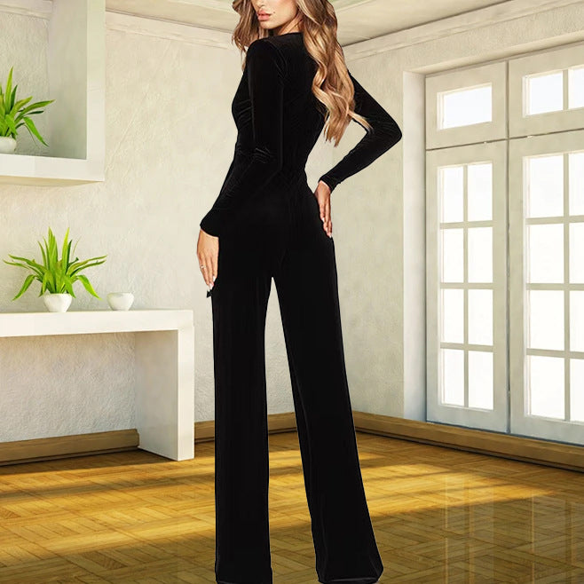 Womens Fashion Velvet Wide-Leg Jumpsuit With Long Sleeves