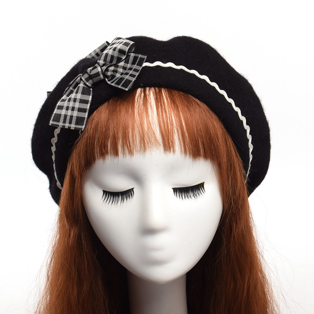Fashion Japanese JK Lolita Wavy Bow Furball Beret