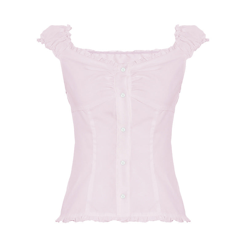 Sweet Slim Fit U-shaped French Wooden Ear Lace-collared Blouse