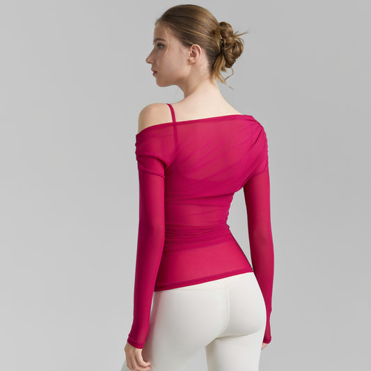 Oblique Shoulder Mesh Yoga Shirt Pleated Sports Top