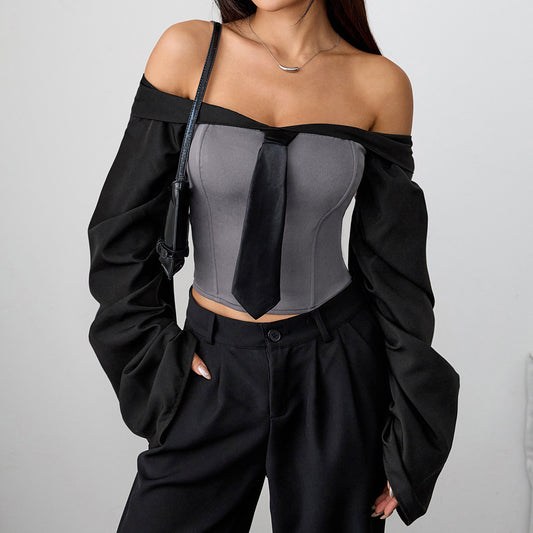 Women's Slim-fit Tie-neck Tube Top With Fishbone Design