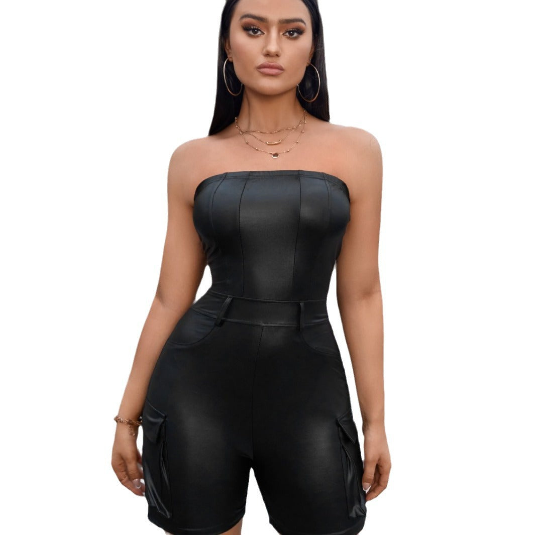 Womens Sexy Off-Shoulder Tube Top Bodycon PU Leather Jumpsuit With A Defined Waist