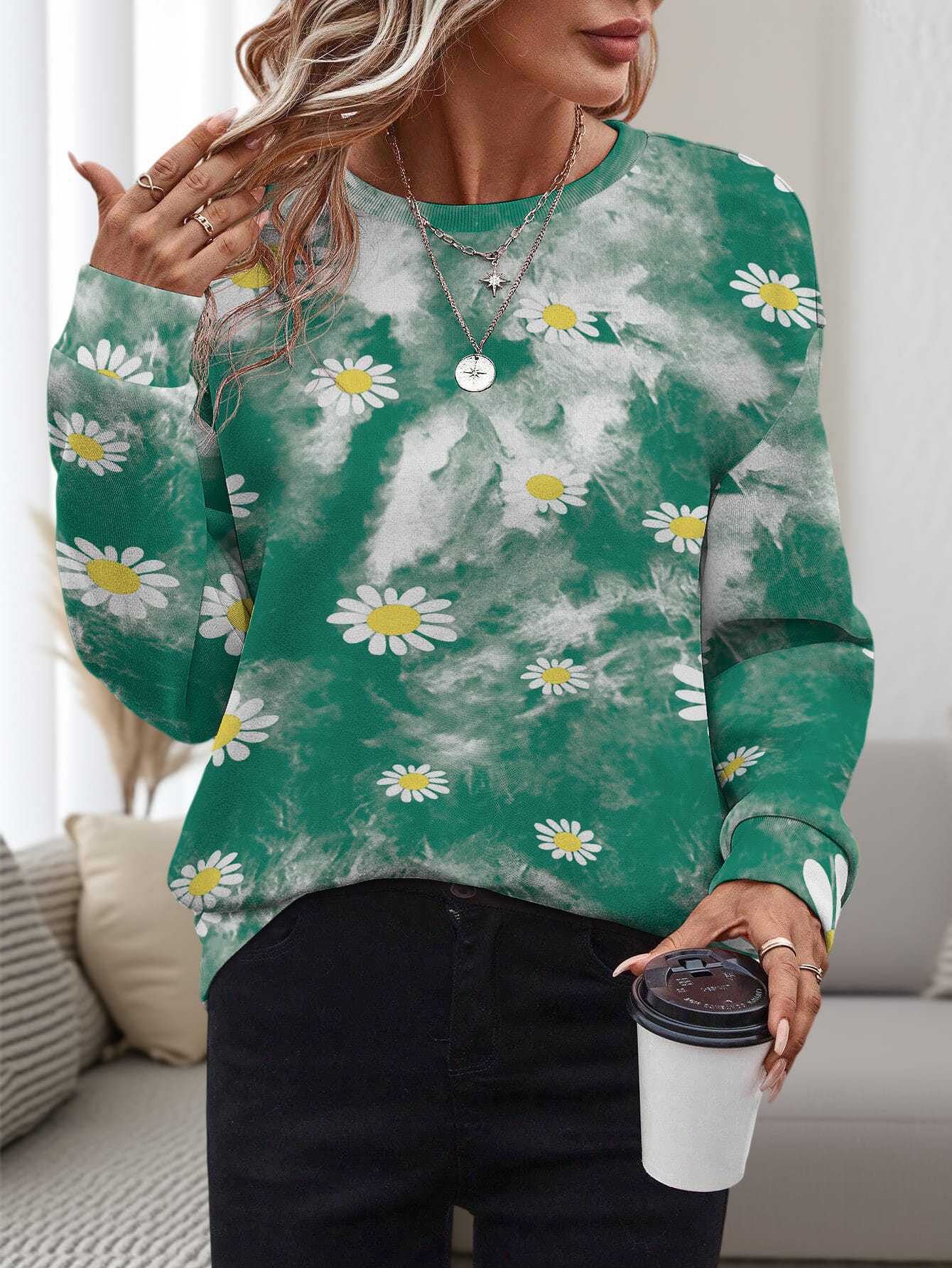 Dame 3D-printet rundhalset pullover, løs fritidstrøje
