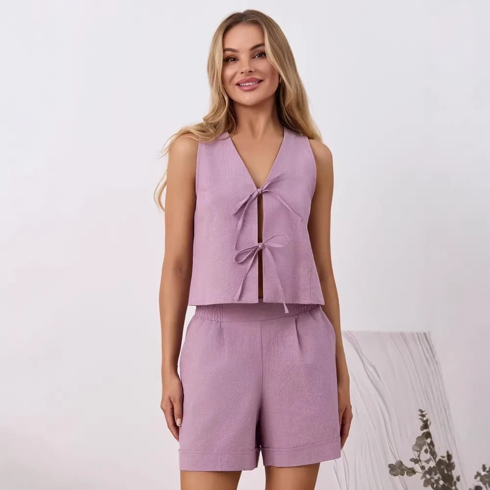 Womens Casual Resort-Style Vest And Shorts Two-Piece Set European And American Style