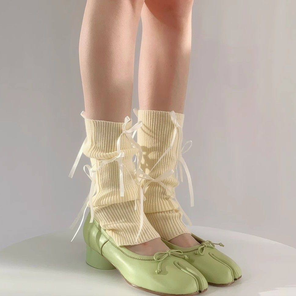 Womens Solid Color Bow Bow-Knot Mid-Calf Socks
