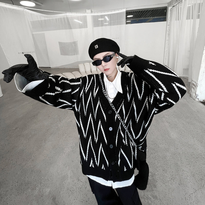 Geometric Pattern Jacquard Men's Oversized Knit Sweater