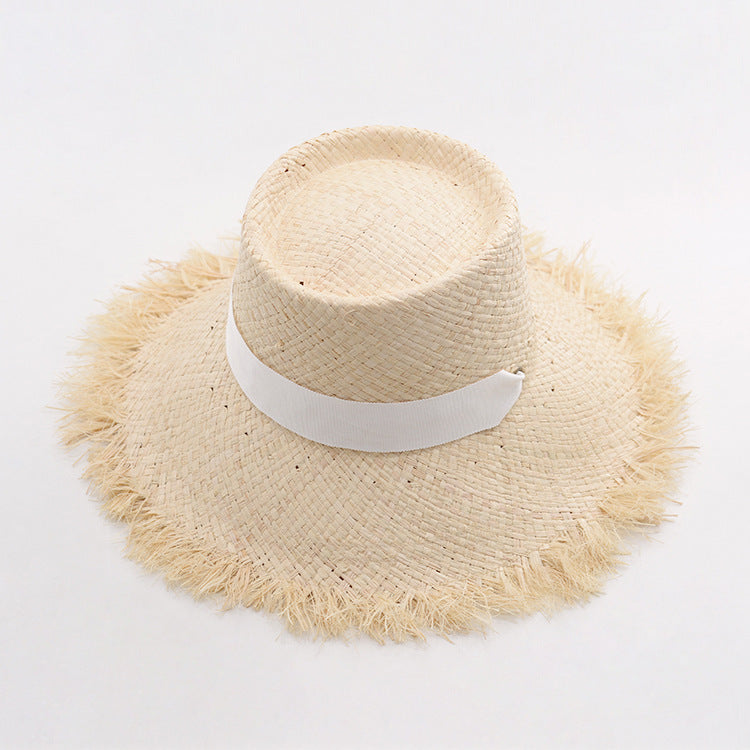 Raffia Tie Flat Top Frayed Straw Hat