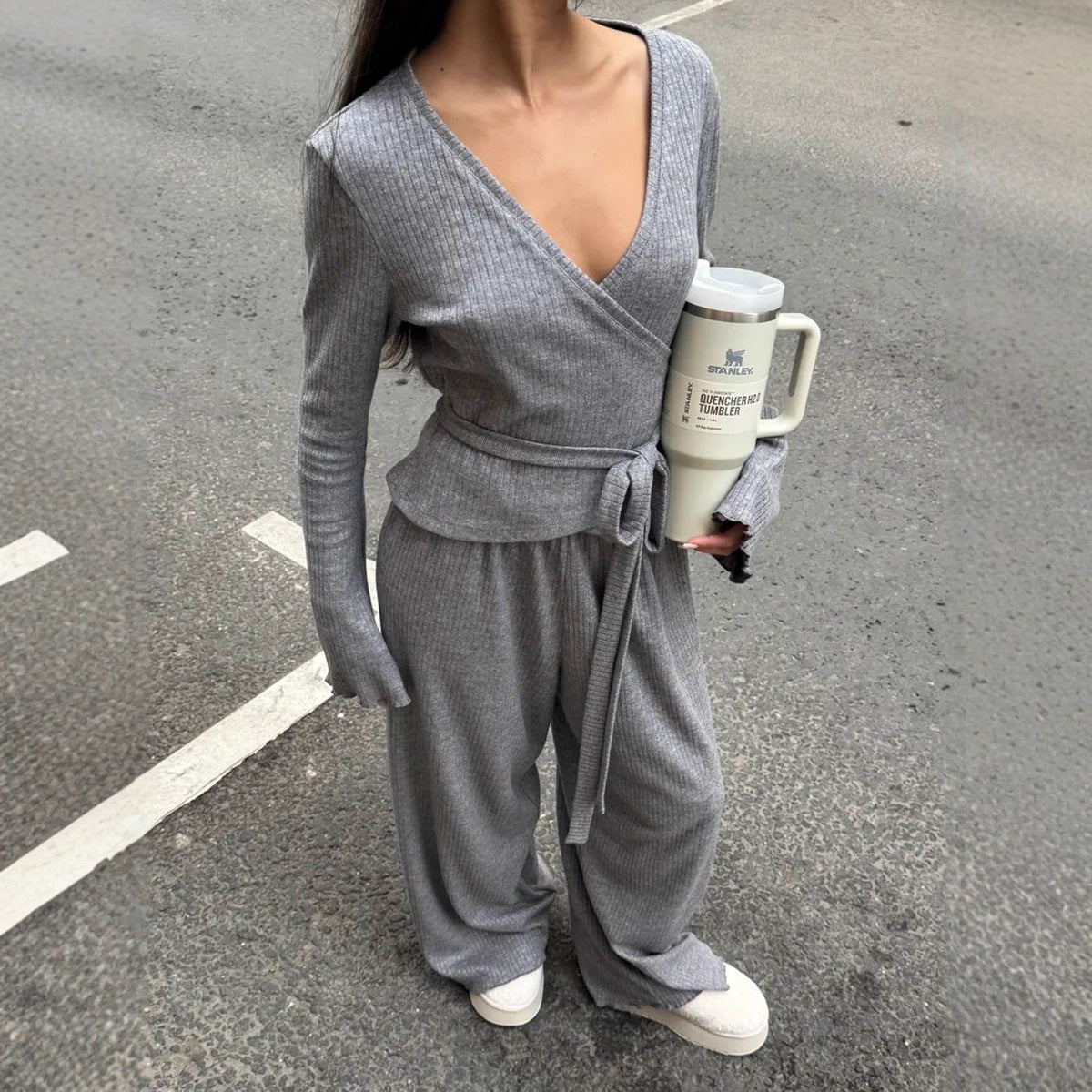 V-neck Knitted Ribbed Lace-up Long-sleeve Pants Two-piece Set