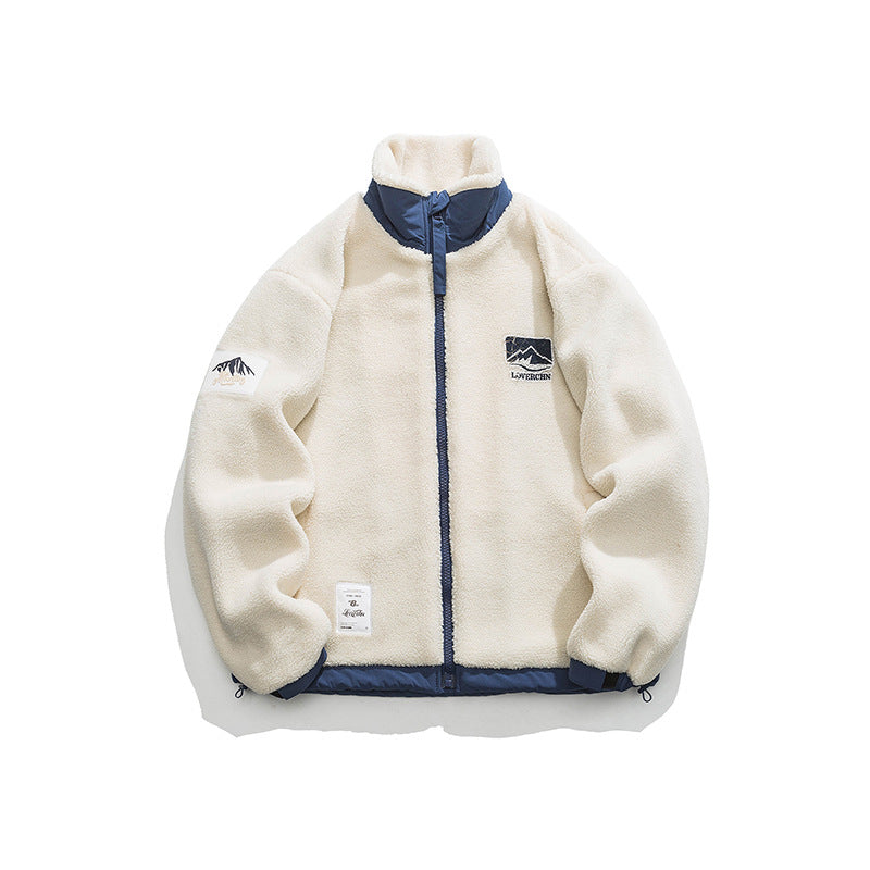 Stand Collar Milky White Lamb Wool Cotton Coat Men