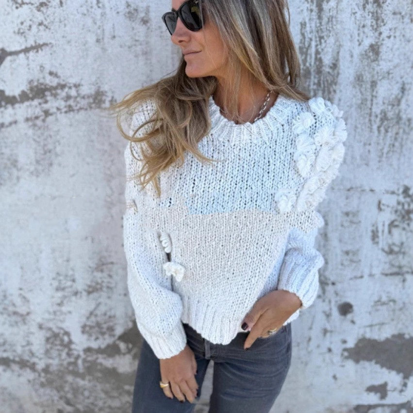 Women's Loose Flower Round Neck Long Sleeve Knitted Sweater