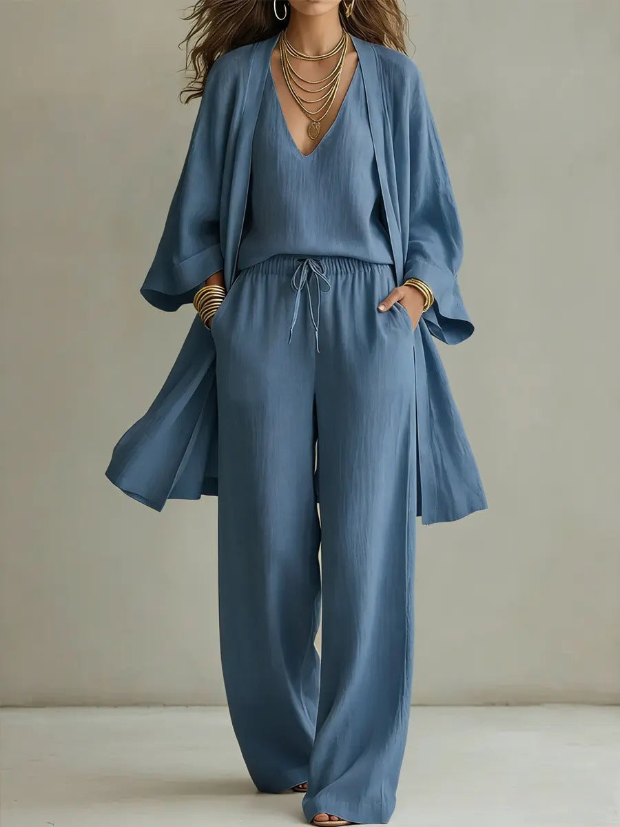 Womens Solid Color V-Neck Cardigan Vest With Pockets And Long Pants Three-Piece Set