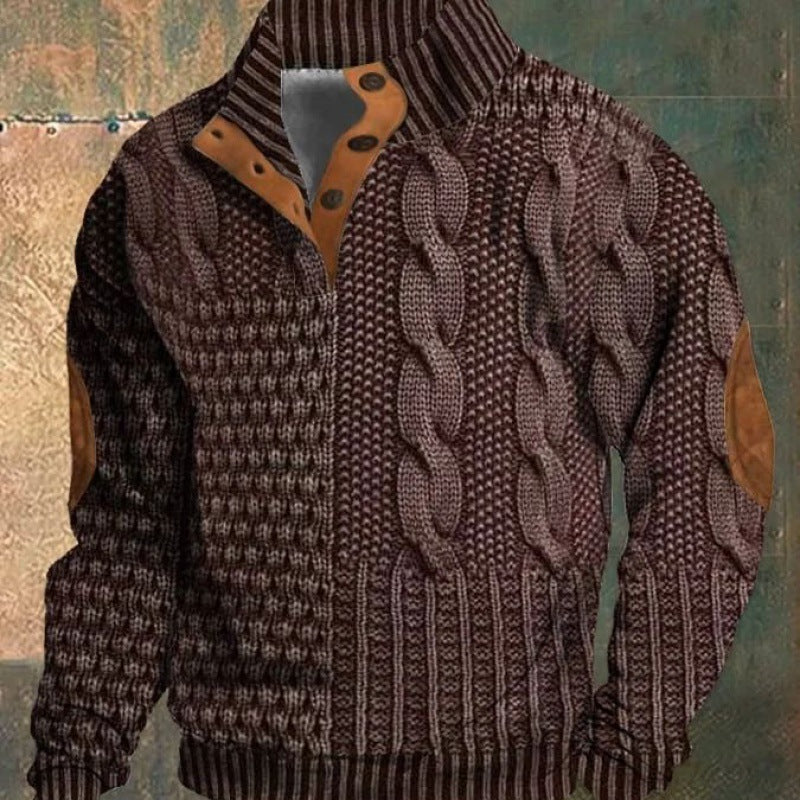 Digital Printing Stand Collar Men's Street Trend Buckle Polo Sweater 3D