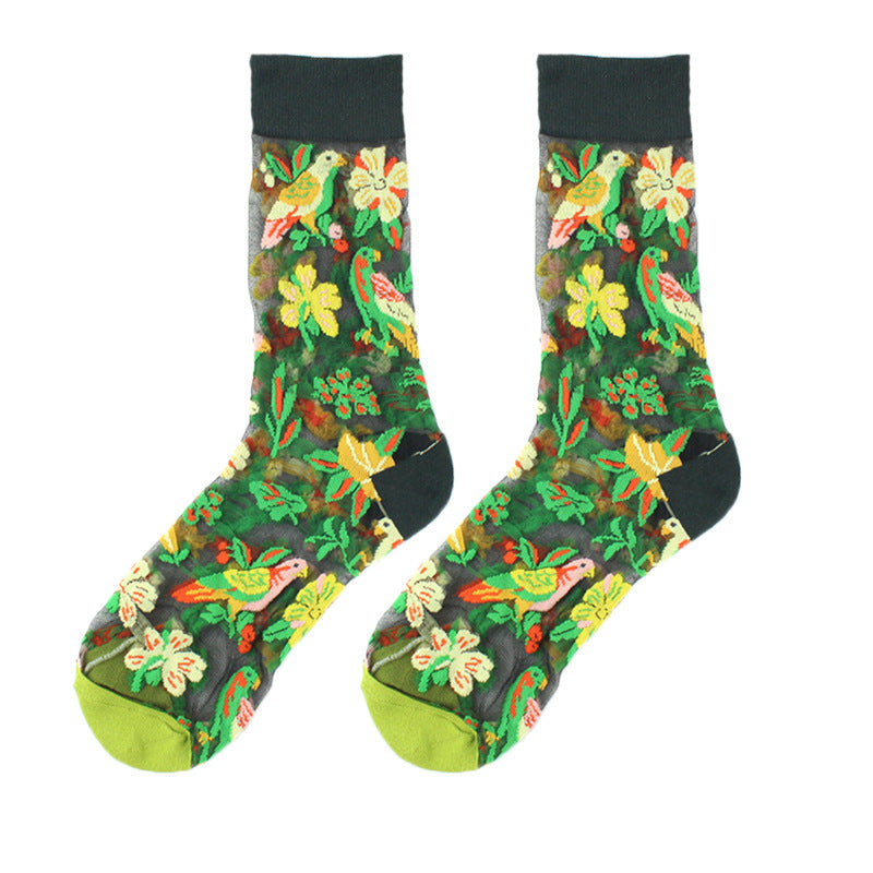 Thin Mid Tube Fashion Style Flower Forest Glass Stockings