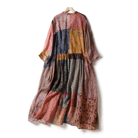Womens Fashionable Retro Printed V-Neck Loose Dress