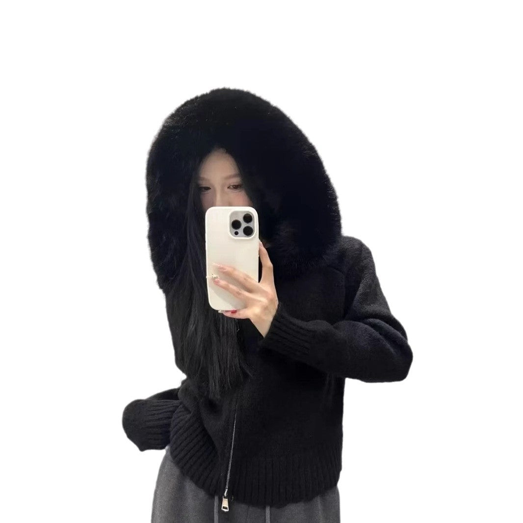 Vintage Knitted Cardigan Long Sleeve Fur Collar Coat