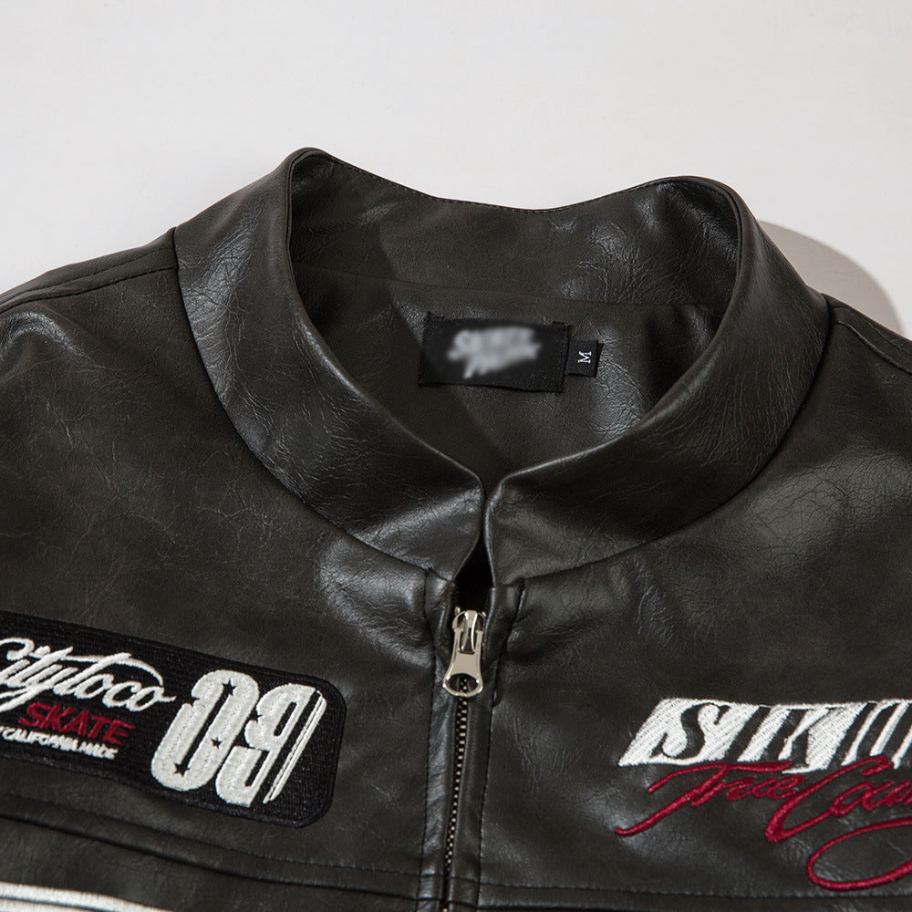 Men's Embroidered Stand Collar Pu Leather Jacket