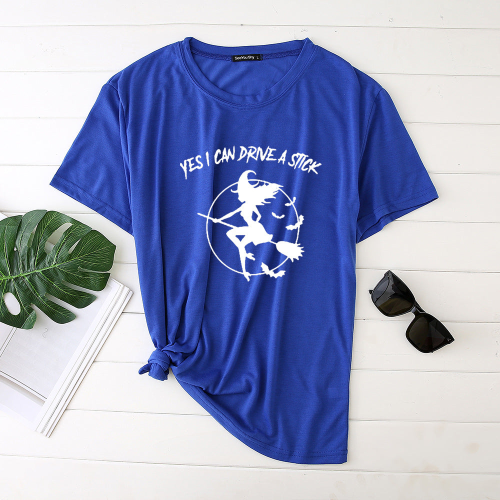 Flying Witch Print Crew Neck Short Sleeve T-Shirt