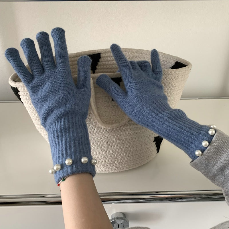 Solid Color Knitted Pearl Warm Knitted Gloves