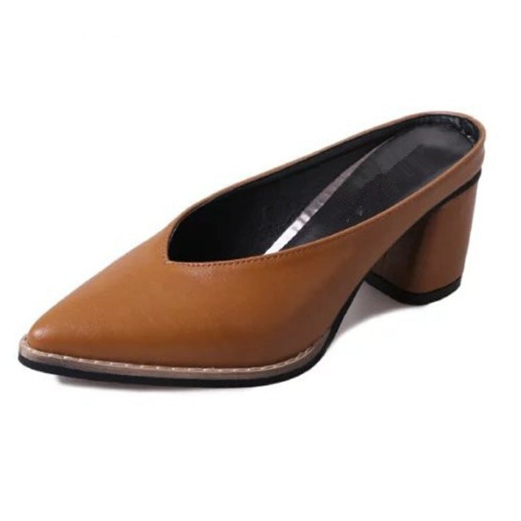 Solid Color Muller Slippers Female Pointed Lazy Thick Heel Half