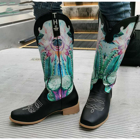 Calf Flower Print Patchwork Mixed Color Womens Shoes Slip On Beautiful Party Retro Western Boots