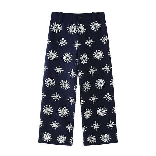 Color Block Embroidery Wide Leg Pants