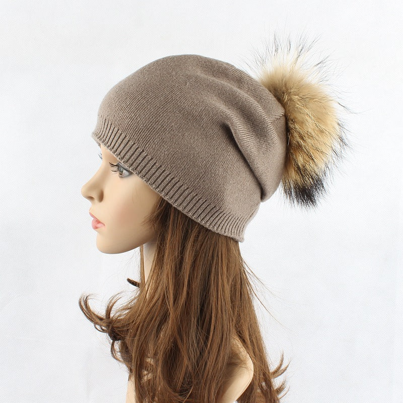 Raccoon Fur Ball Knitted Women's Solid Color Wool Pullover