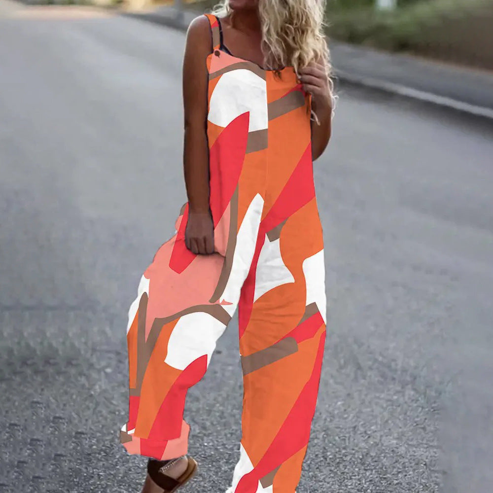 Women's Printed Sleeveless Sling Loose Casual Jumpsuit