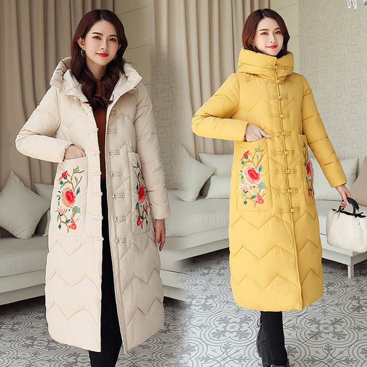 Winter New Vintage Cotton-padded Jacket Ethnic Embroidery Ladies Below The Knee Cotton Clothes