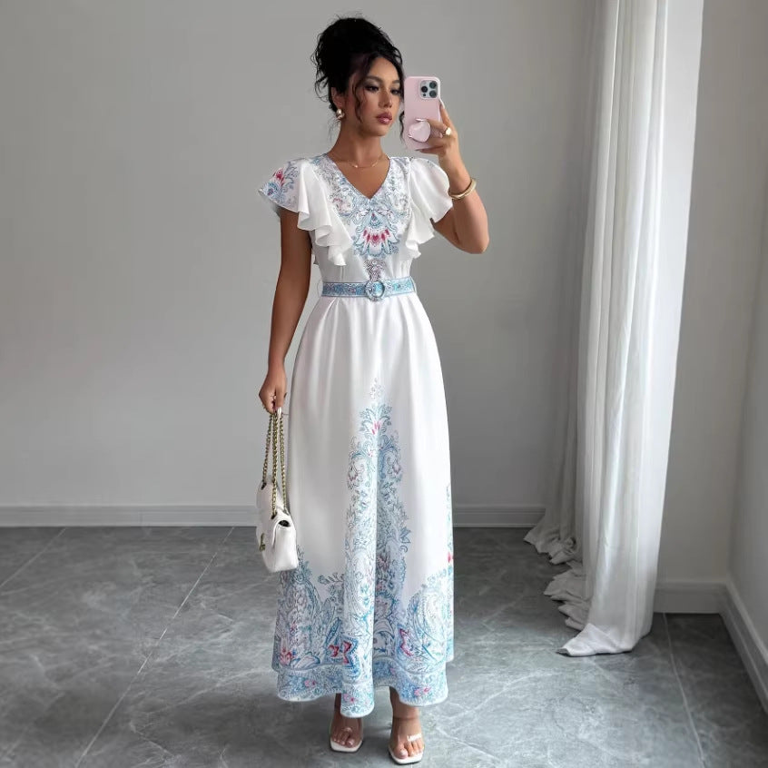 Stand-up Collar Double-breasted Front Lantern Sleeves Printed Long Dress With Lace Trim