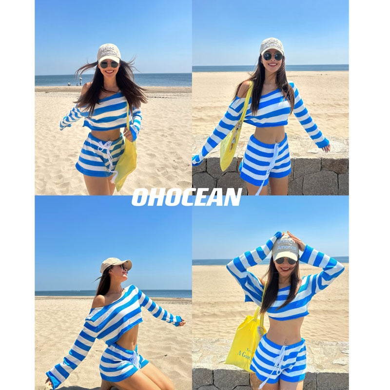 Knitted Set Loose-fitting Top And Striped Shorts
