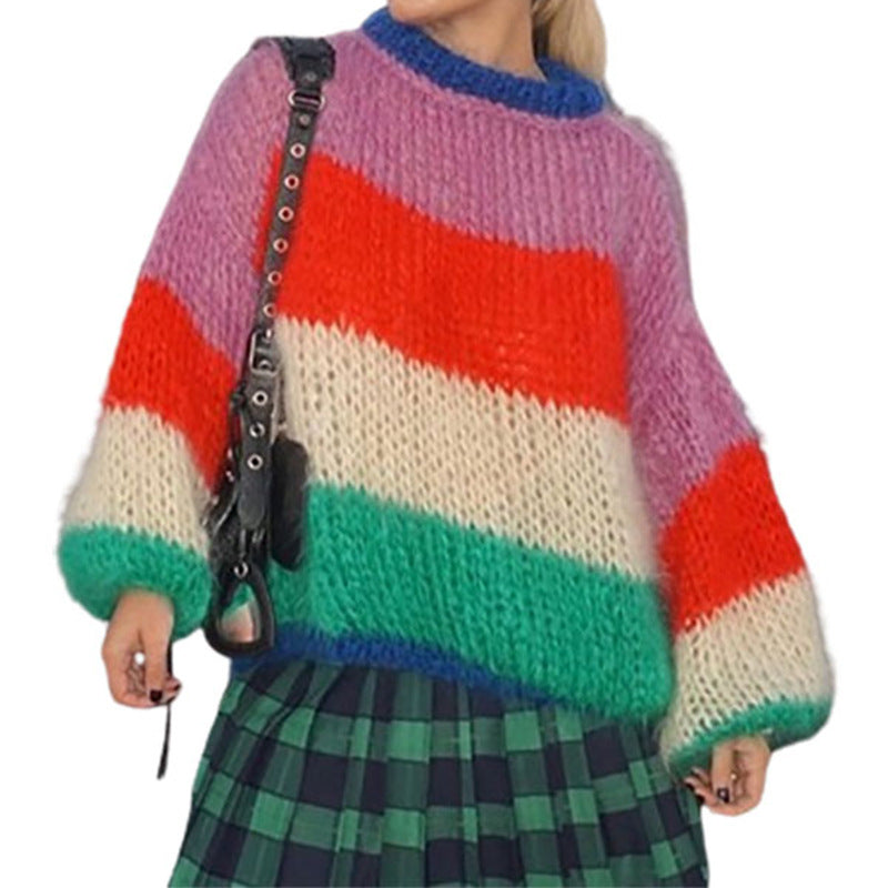 Round Neck Multicolor Lantern Sleeve Sweater Autumn And Winter