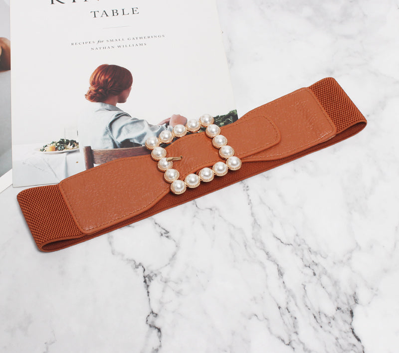 Pearl buckle black wide waist women