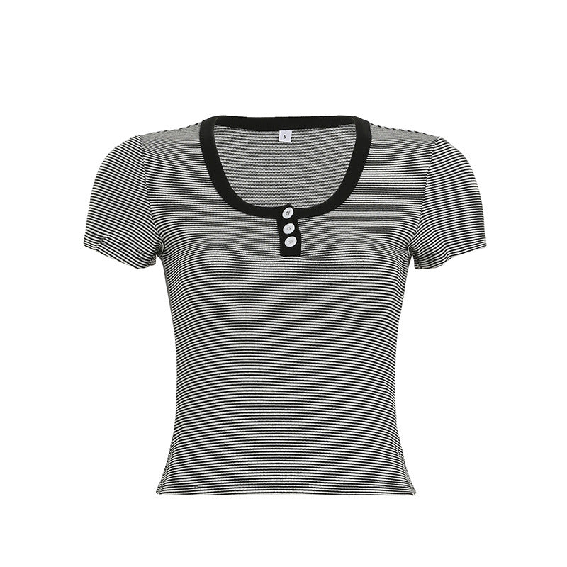 European And American Sweet Girly Style Striped Contrast Color Round Neck Three-button T-shirt
