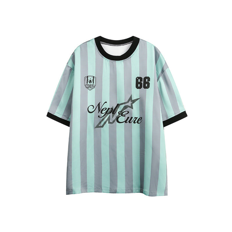 Stribet kontrast-syning T-shirt med korte ærmer og løs pasform