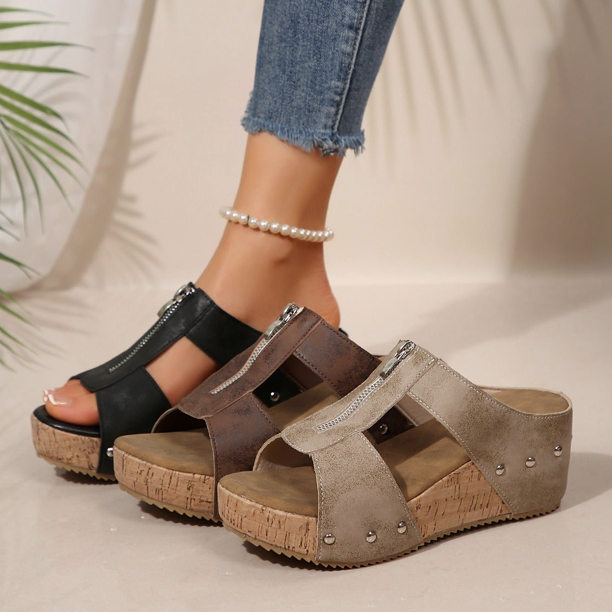 Women's Platform Plus Size Peep Toe Wedge Slippers