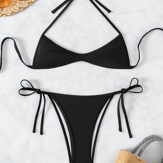 Sexy Lace-Up Halter Mini Pleated Triangle Bikini For The Beach