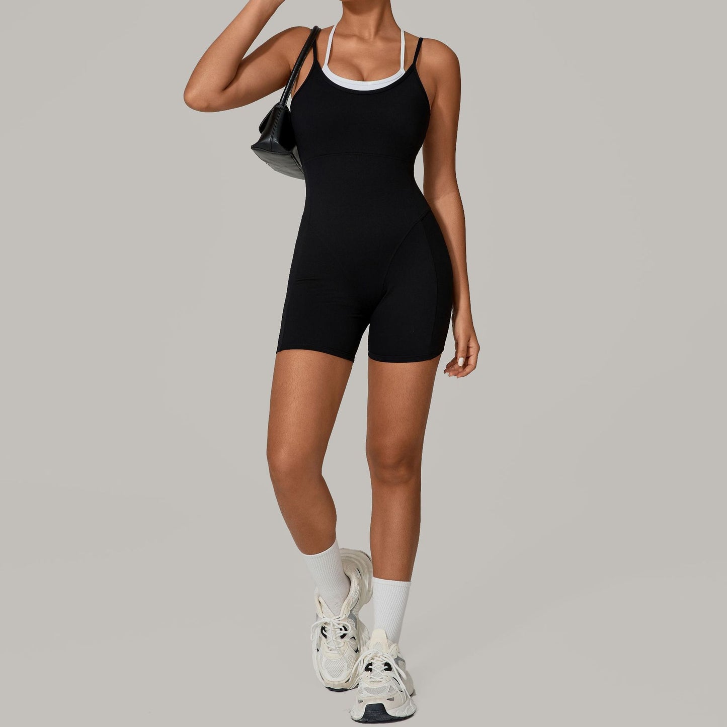 Autumn Sand Fake Two-piece Contrast Color Sling Sports Jumpsuit