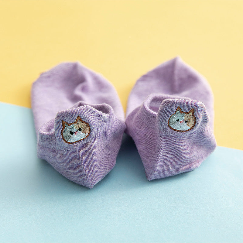 New Cotton Embroidery Cartoon Cat Shallow Mouth Ladies Socks