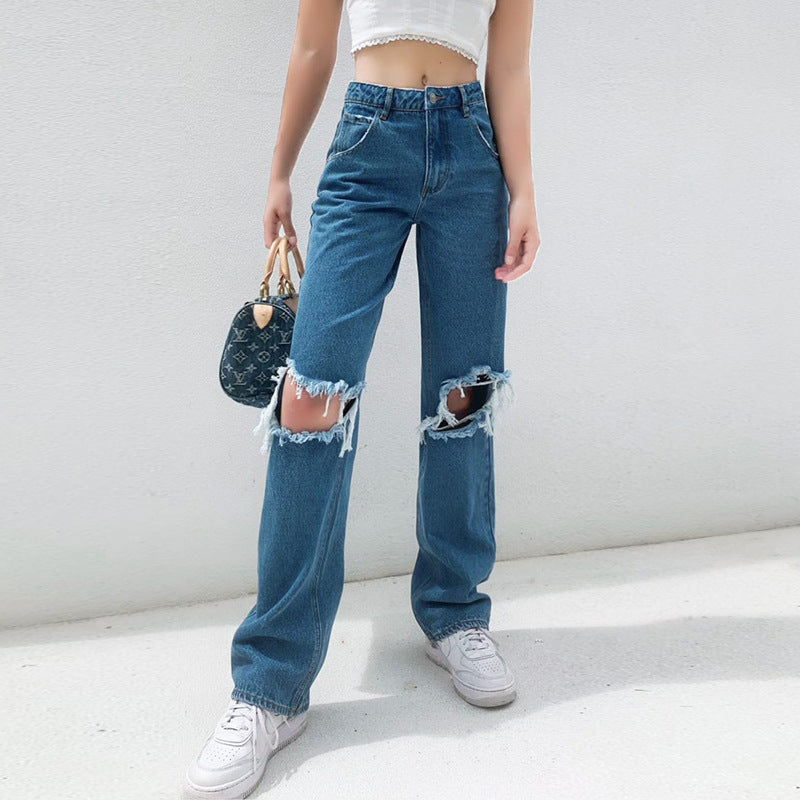 European And American Trend New High-waisted Loose Hole Wide-leg Women's Jeans