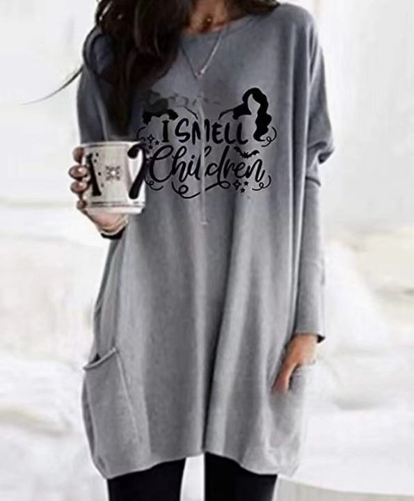 Women's Round Neck Mid-length Long-sleeved T-shirt With Pockets