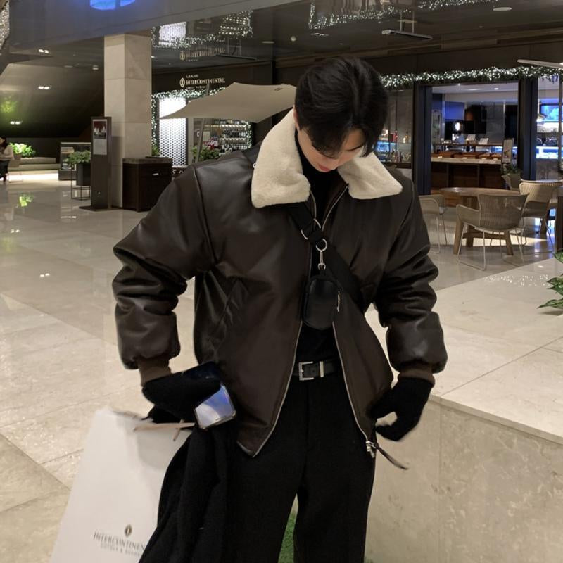 Mens Thick Trendy Lambswool Edgy Leather Jacket